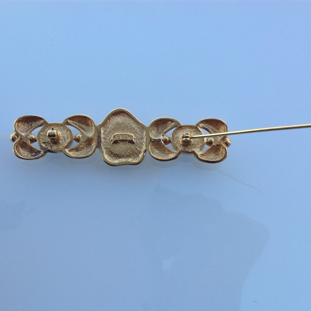 Fendi Brooch Victorian Revival Bar Rhodium Gold Intaglio Logo + Onyx Cabochons - Picture 7 of 16